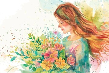 Wall Mural - Beautiful watercolor painting of a woman holding a bouquet of flowers, perfect for various design projects