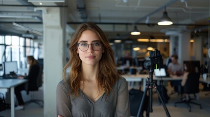 Wall Mural - A woman wearing glasses and standing in a tech startup office environment. The background include modern cameras fitted on black tripods, with other people be working at office desks. Generative AI.