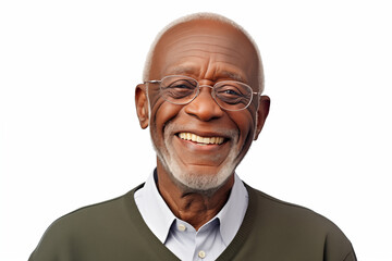 Wall Mural - Smiling senior black man on white background. Topics related to old age. afro american. Africa. Retirement home. Retirement. Image for Graphic Designer. Senior residence. AI.