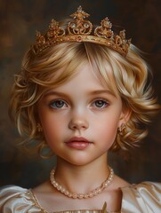 Sticker - Short hair blond child, a cute queen with royal golden crown, oil paint portrait