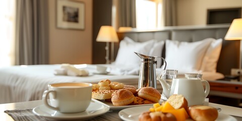 tray of food and a cup of coffee on a table in a hotel room with a bed