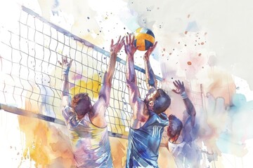 Wall Mural - Group of men playing volleyball. Suitable for sports and recreation concepts