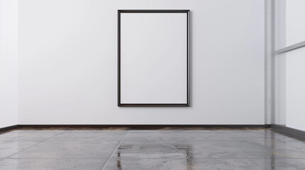 Wall Mural - Modern mockup of a blank frame in an empty room with a white wall and a steel floor. High-quality 3D render in ultra HD.