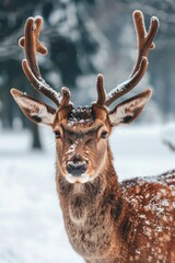 Wall Mural - A close-up photo of a deer standing in the snow. Perfect for winter-themed designs