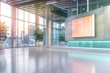 Poster - A simple image of an empty lobby with large windows and a television screen. Suitable for various business or office concepts