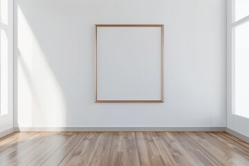 Wall Mural - Ultra high definition 3D render of a blank mockup frame in a room with a white wall and a hardwood floor. High-quality image.