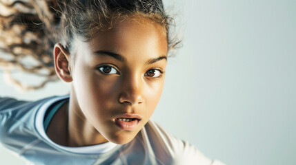 Wall Mural - close-up of a smart girl's poised stance mid-run, highlighting her athleticism against a clean white backdrop.