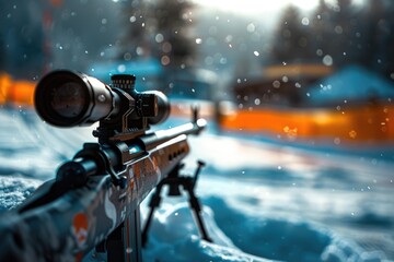 Wall Mural - A rifle mounted on a tripod in a snowy landscape. Perfect for outdoor and hunting themed designs