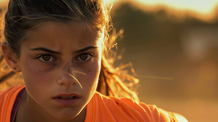 Wall Mural - Frontal close-up of a determined young girl in motion, showcasing her athleticism with each running step.