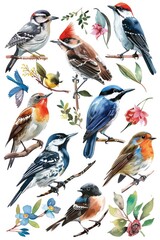 Wall Mural - Group of birds perched on a tree branch. Suitable for nature and wildlife themes