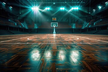 Wall Mural - A basketball court illuminated by bright lights. Perfect for sports or urban background