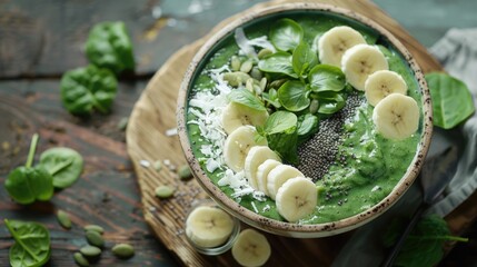 Sticker - A bowl of green smoothie topped with bananas and spinach. Perfect for health and wellness publications