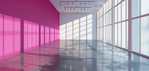 Wall Mural - Light gallery hall with magenta wall, glossy concrete floor, and light-filled windows. 3D rendering, mockup.