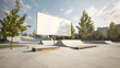 © Najeeb - Modern skate park with a blank billboard, 3D rendered for youth-oriented ads.