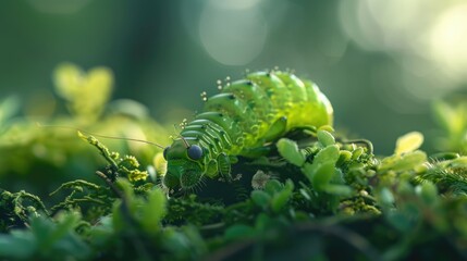 Canvas Print - A green caterpillar sitting on a mossy surface. Perfect for nature and wildlife concepts