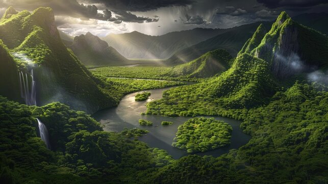 Breathtaking aerial view of lush green mountains and winding river under a dramatic cloudy sky with sunlight streaming through.