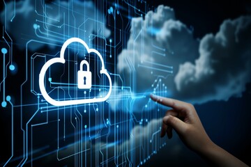 Wall Mural - High Tech Cloud Security Illustration Depicting Data Protection on a Blue Circuit Board in a Futuristic Technology Setting