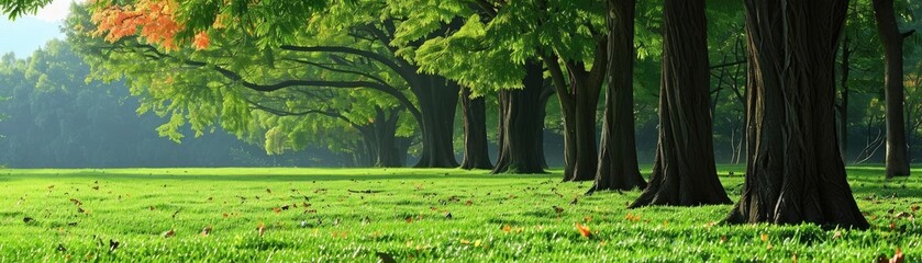 Poster - Scenic forest with lush green grass, sunlit trees, and a serene atmosphere. Perfect for nature lovers and peaceful outdoor settings.