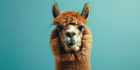 Wall Mural - Close-up of a llama's face on a blue background. Suitable for animal-themed designs