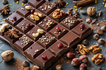 Wall Mural - Detailed shot of a gourmet chocolate bar adorned with assorted nuts and spices for a delightful culinary experience. Generative AI