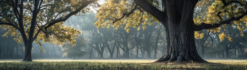 Poster - Sunlight filters through the branches of majestic trees in a serene forest, casting soft shadows on the tranquil landscape below.
