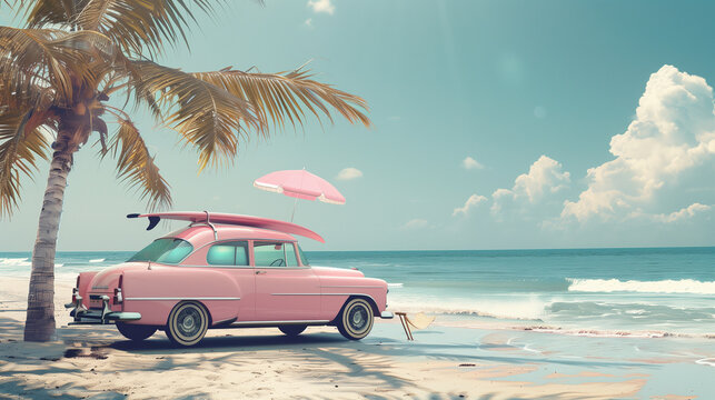 Vintage Pink Car on Tropical Beach with Surfboard and Palm Tree