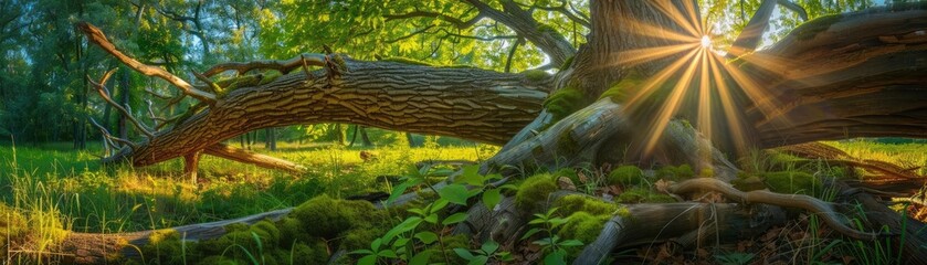 Poster - Sunny rays filter through the lush green forest foliage, illuminating a fallen tree and creating a serene, peaceful natural scene.