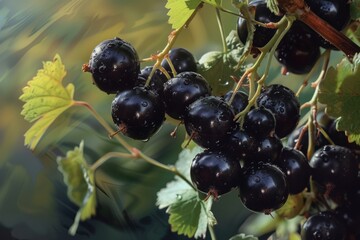 Wall Mural - Ripe Black currant berries harvest. Macro juicy organic sweet food. Generate Ai