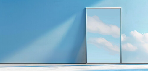 Wall Mural - Empty glass frame on a sky blue wall, transparent background, realistic 3D vector artwork