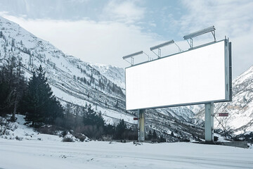 Wall Mural - Ultra HD mockup of a large billboard in a snowy mountain setting, blank with a light border for impactful winter ads.