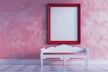 Wall Mural - Dawn in a gallery with a white bench and blank ruby red frame, high-resolution 3D render