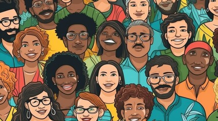 Wall Mural - Hand drawn funny colorful human character seamless pattern illustration wallpaper concept, Global people diversity and equality, young men and women with different skin colors, group of stylish people