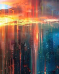 Wall Mural - Dreamlike Cityscape at Dawn with Glowing Glass Towers and Radiant Reflections