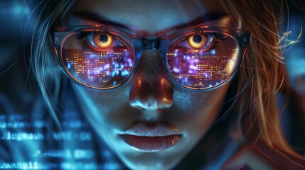 Leinwandbilder - Cute woman software developer girl floating in the internet, deep web and hacking the code base. Generative AI.