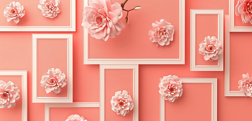 Wall Mural - Vector stereoscopic rectangle template set with salmon pink scrapbook mockup frame photo collage.