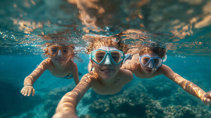 Children scuba diving underwater in a beautiful island beach