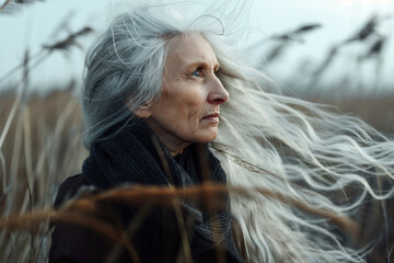 Wall Mural - A woman with long white hair and a scarf outside