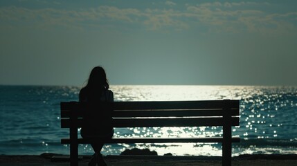 Sticker - Woman sitting on bench looking at the ocean, suitable for travel websites