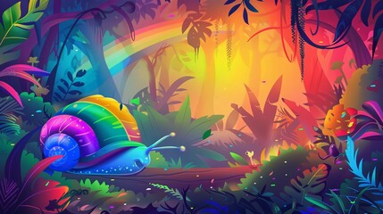 An exotic snail with a rainbow shell, making its way through a vibrant, lush rainforest, with a rainbow of colors in the sky, a light mist in the air, and exotic wildlife everywhere it looks.