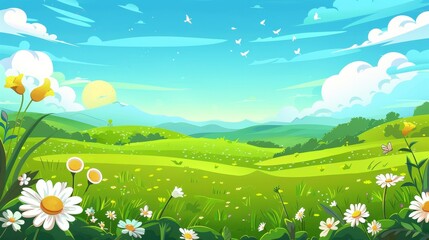 Wall Mural - Background of summer landscape. Green grass, flowers, hills, blue sky, clouds, farm and countryside scenery. Modern illustration.
