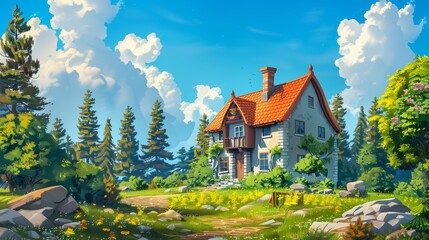 Wall Mural - In this cartoon, a beautiful rural brick house is set in the forest on a meadow.