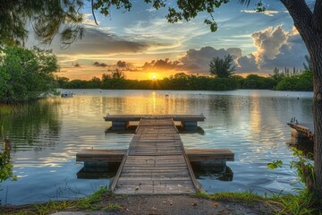 Wall Mural - a serene scene of a dock on a lake with a beautiful sunset in the background. ideal for nature and t