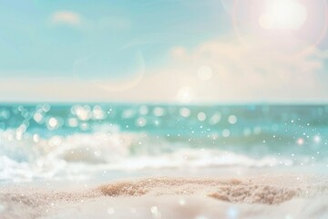 Canvas Print - Blurred background of a beautiful beach with a blue sky and white clouds.