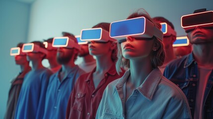 Poster - Group of people with 3D cardboard glasses looking at a white poster on the wall. The people are wearing blue clothing. Generative AI.