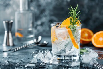 Canvas Print - Refreshing glass with ice and slices of orange, perfect for summer drinks