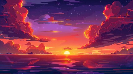 Wall Mural - Modern cartoon depiction of summer seascape with city lights on horizon and silhouettes of coastline in red light from evening sun. Tropical ocean sunrise with clouds, sky, and water.