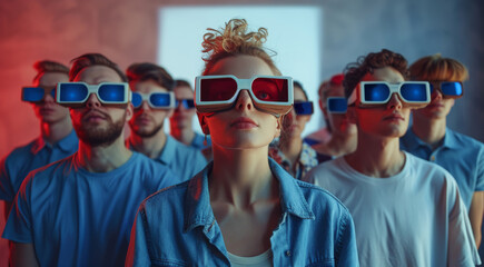 Poster - Group of people with 3D cardboard glasses looking at a white poster on the wall. The people are wearing blue clothing. Generative AI.