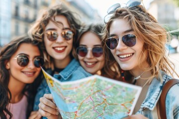 tourism fun: young friends enjoying a city trip with a map in hand