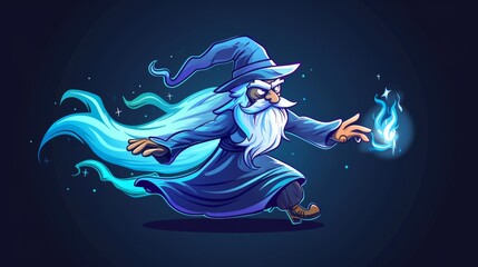 A running cartoon wizard with a long beard. Modern clip art illustration with a simple gradient. All layers are in one file.