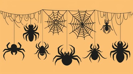 Wall Mural - Modern outline illustration of a spider web and a little hanging spider, perfect for Halloween decorations, clipart suitable for Halloween parties, cartoon spooky characters.